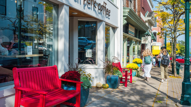 A sidewalk of downtown Petoskey, Michigan, with storefronts and red benches