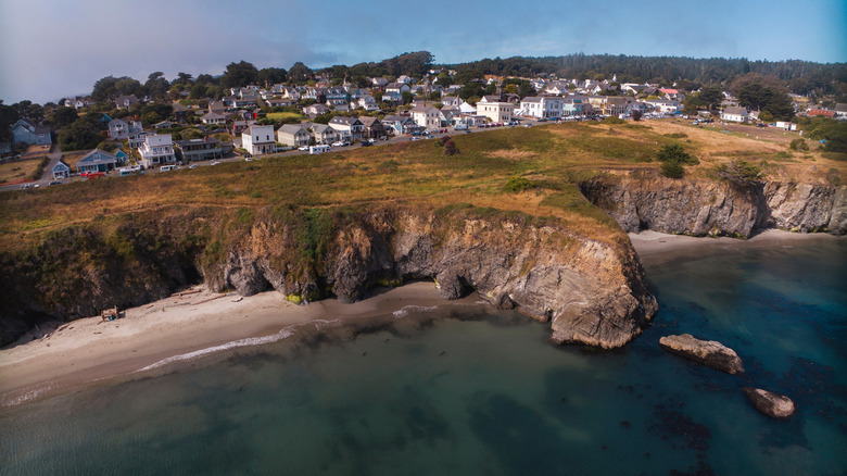 An aerial shot of Mendocino, California, along the coast