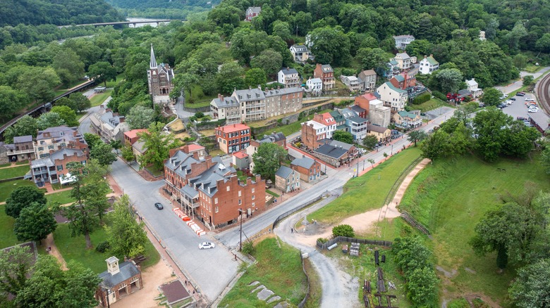 Aerial view of historic Lower Town in Harpers Ferry in West Virginia