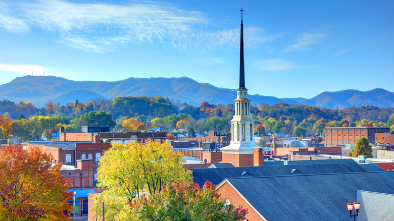 Tops of buildings in Johnson City, Tennessee, with mountains in the background.