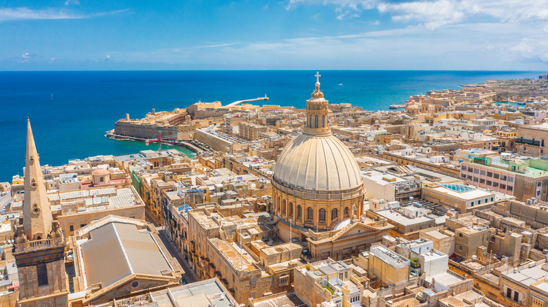 The dome of St. John's Co-Cathedral and the city of Valletta that surrounds it, from above