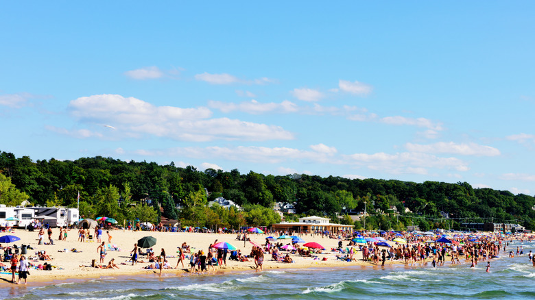 A crowded beach in Grand Haven, Michigan during late summer