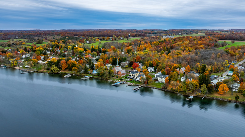 Aerial view of Aurora, New York, with historic buildings and fall foliage along the lake shore