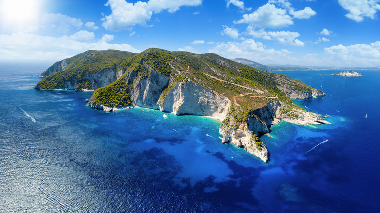 Aerial, panoramic view of the south coast of Zakynthos island, Greece