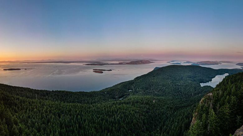 A panoramic view at dusk from the summit of Mt. Constitution on Orcas Island