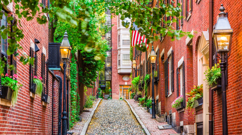 A view up the iconic Acorn Street in Boston, Massachusetts' Beacon Hill neighborhood.