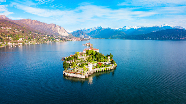Isola Bella and Stresa town aerial panoramic view. Isola Bella is one of the Borromean Islands of Lago Maggiore in north Italy.