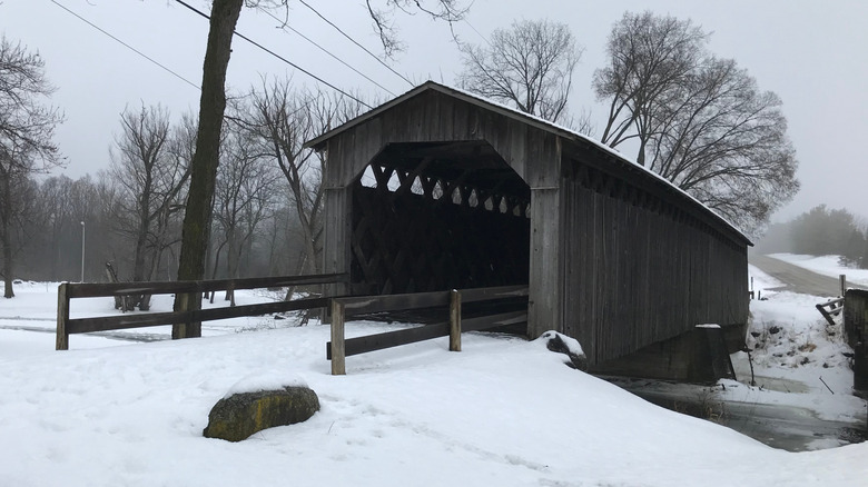 Cedarburg's historic covered bridge on a snowy day