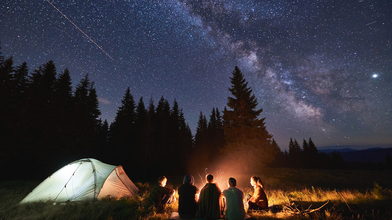 Campers around a fire with the sky filled with stars above them.