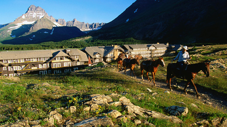 Horses in a line in front of a long building and mountains
