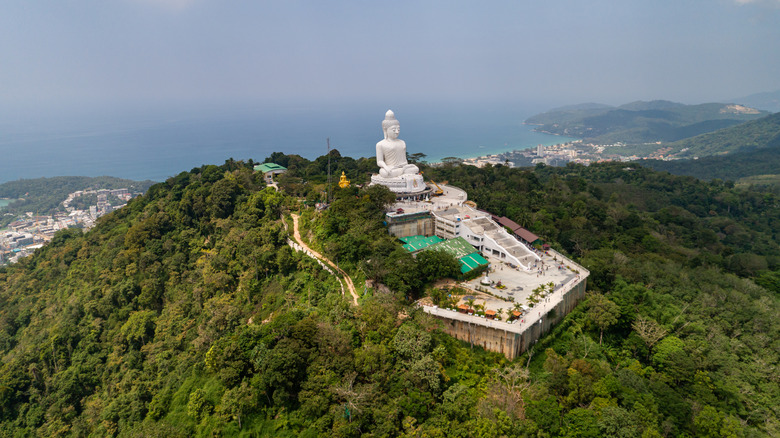 An aerial view of Big Buddha over a high mountain in Phuket, Thailand
