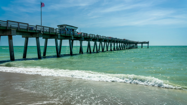 A wooden pier stretches out over blue ocean water with the shoreline visible