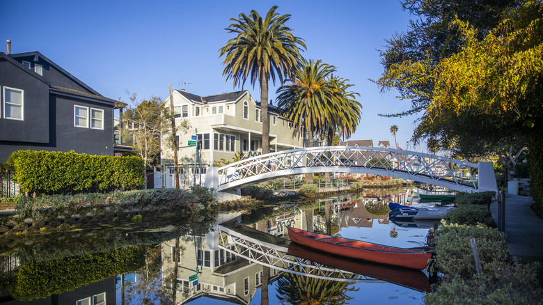 Footbridge over a canal surrounded by luxury homes and palm trees