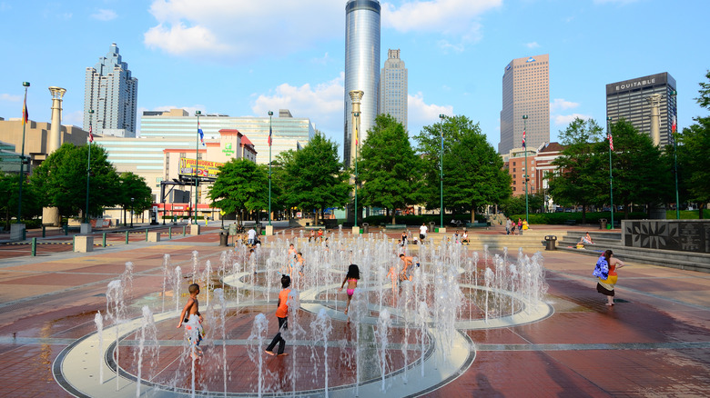 Kids playing in the fountain at Centennial Park in Downtown Atlanta