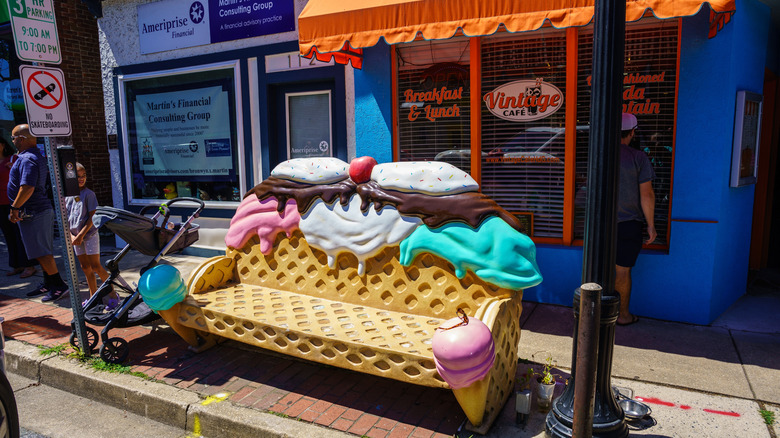 An ice cream sundae-shaped bench in downtown Havre de Grace, Maryland