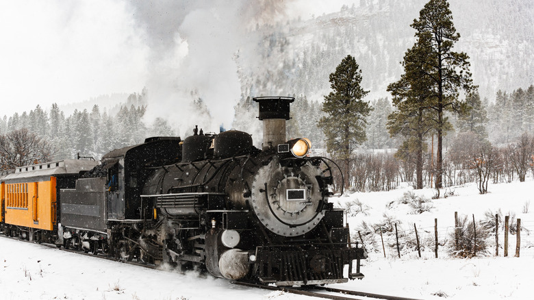 Vintage railroad steam locomotive pulling passenger cars in a mountain snow storm.