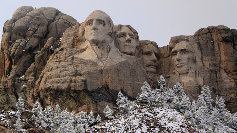 View of the presidential faces carved into stone at Mt. Rushmore National Memorial