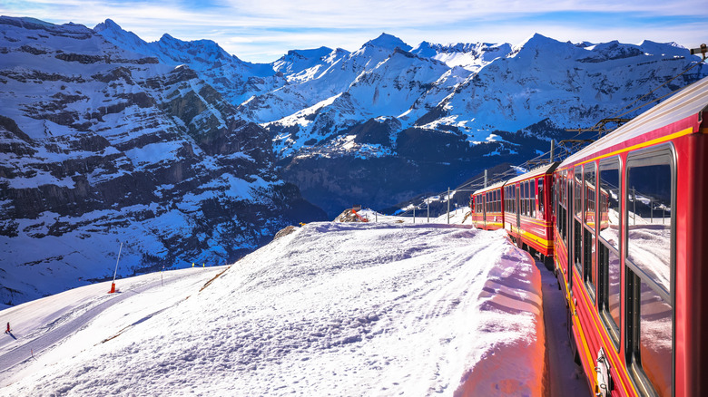 The Wengernalpbahn train cars on a track near snowy mountains