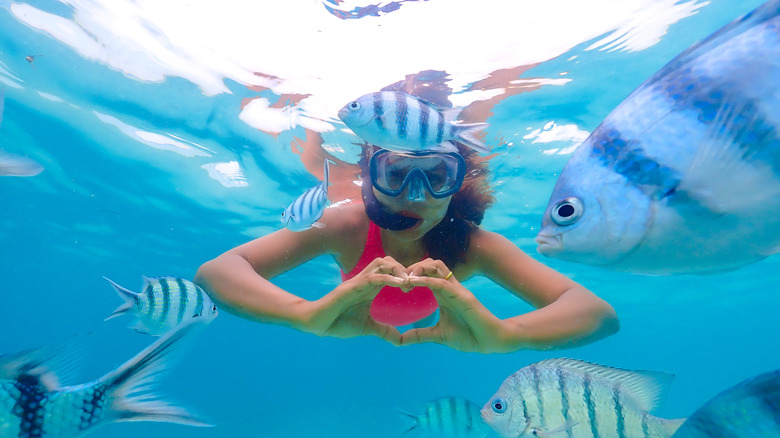A young woman in a red bathing suit snorkels in crystal-clear water surrounded by fish