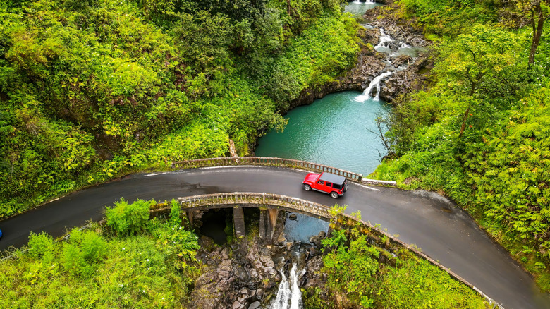A view from top to the Maui waterfalls and one of the famous bridges near Hana