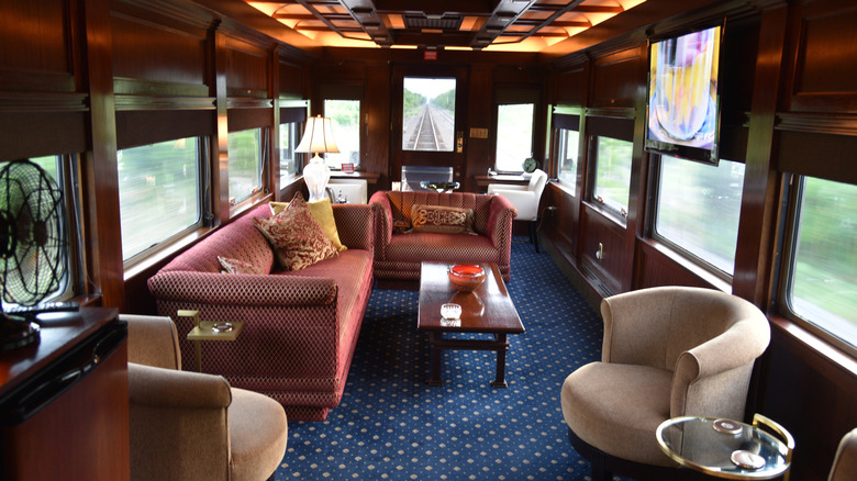 The lower observation lounge inside the Warren R. Henry luxury railcar.