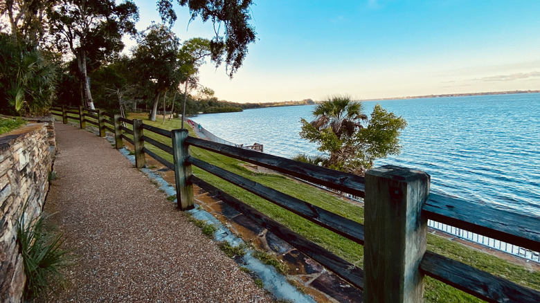 A walking path in philippe park overlooking Tampa Bay