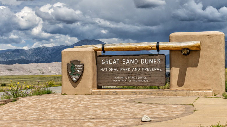 Great Sand Dunes National Park and Preserve entrance sign in Colorado