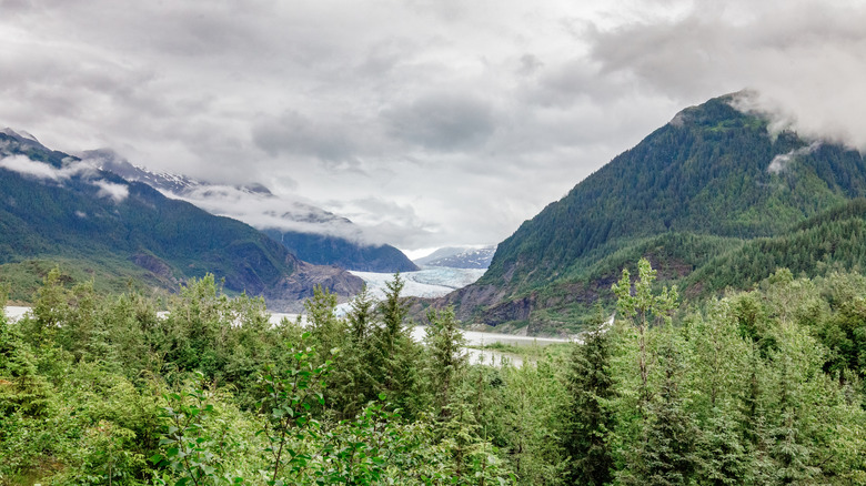 A mountain view of the Mendenhall Glacier, north of Juneau, Alaska