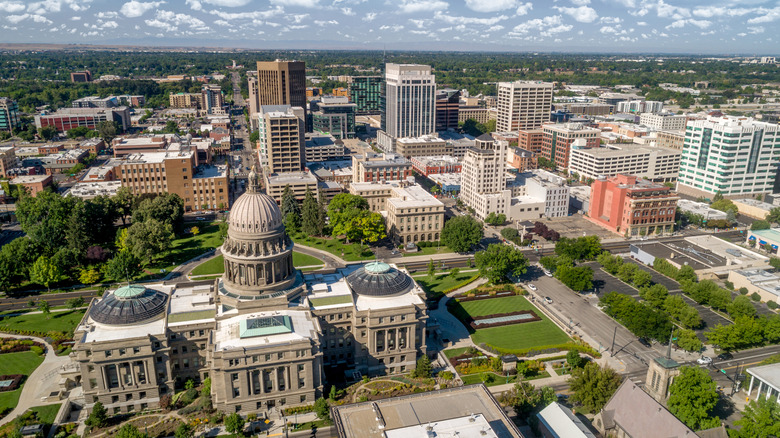 Aerial view of downtown Boise on summer day.