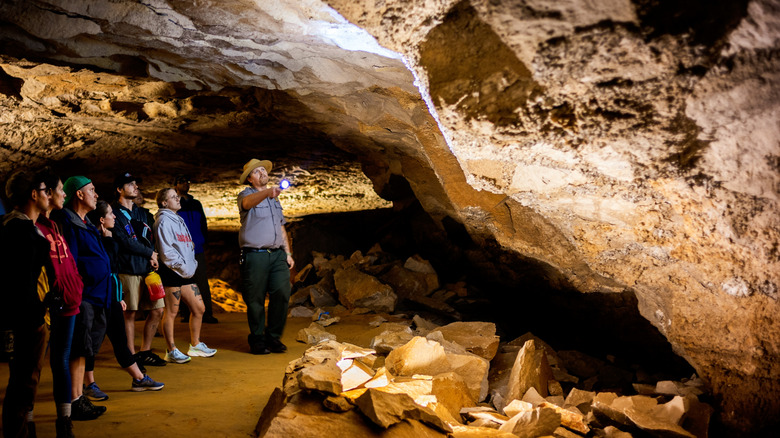 A tour group looking at cave formations with a ranger pointing a flashlight at the wall of the cave