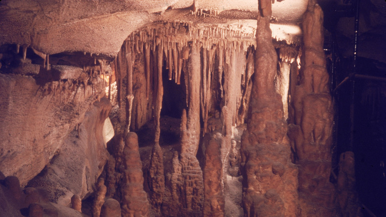 Interior of a cave with stalactite formations