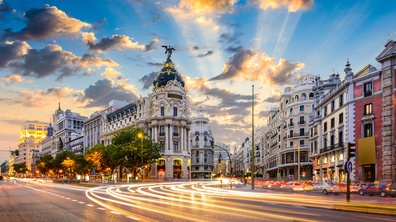 Busy street in Madrid at sunset