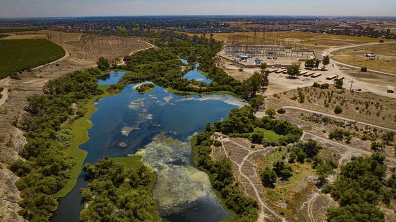 Aerial view of the San Joaquin River surrounded by agriculture lands and trees in central California