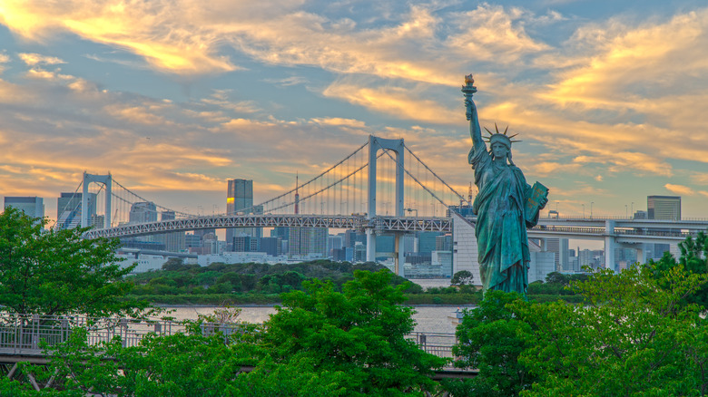 View of Tokyo skyline and Rainbow Bridge from Odaiba Island