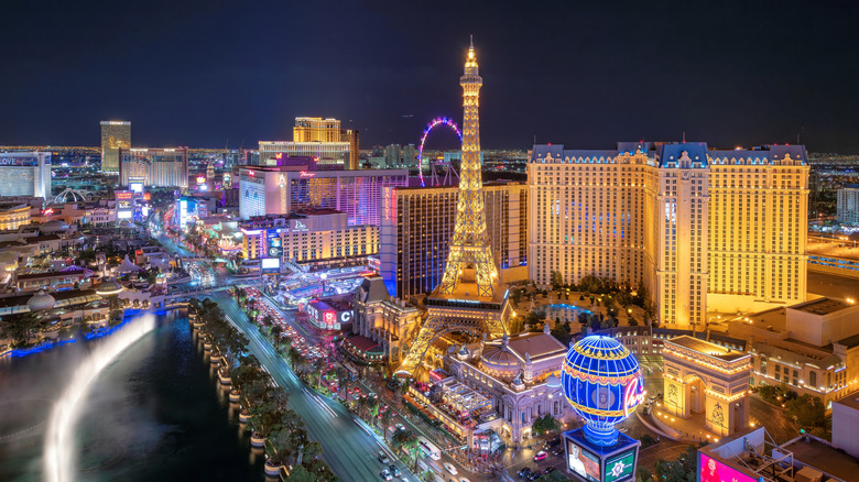 A shot of the lit-up Las Vegas Strip at night