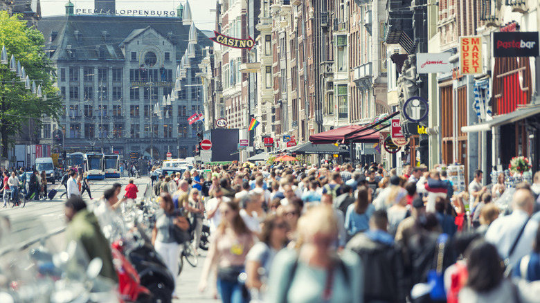 Busy tourist filled street in Europe