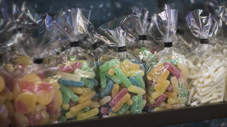 Clear plastic bags filled with colorful candies