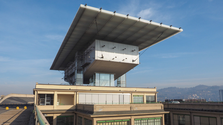 View of the Pinacoteca Agnelli art gallery on the rooftop of FIAT's Lingotto Building with the Pista 500 test track visible on the left side