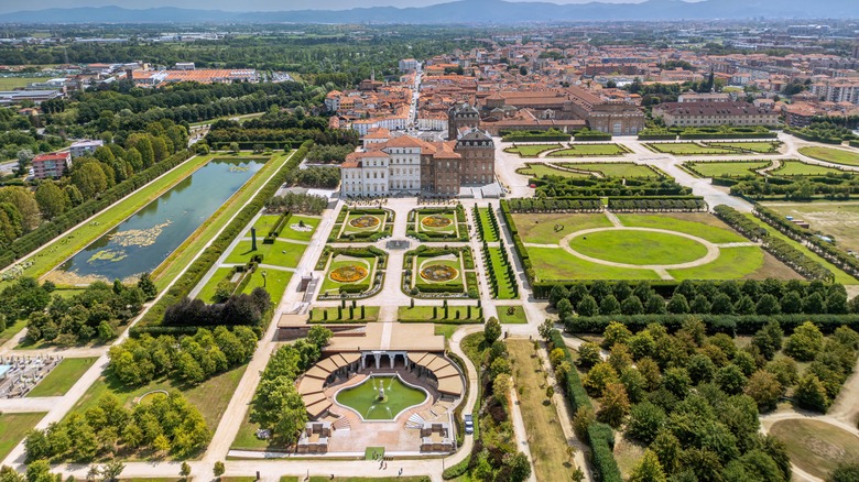 Aerial view of The Palace of Venaria and the surrounding gardens