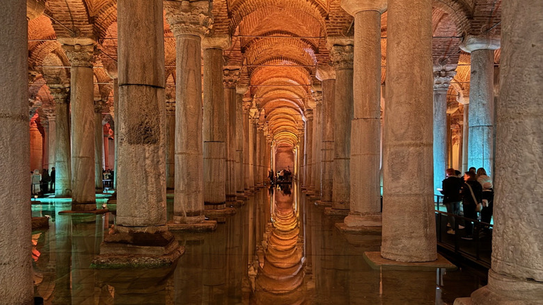 Istanbul's Basilica Cistern bathed in orange light