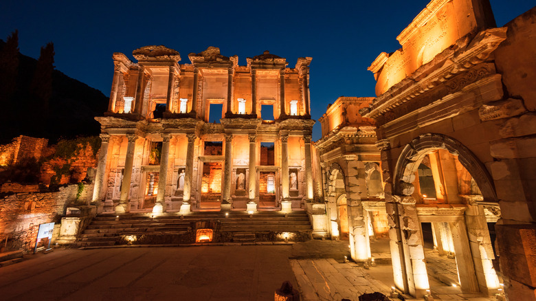 Nighttime view of the illuminated Library of Celsus, Ephesus