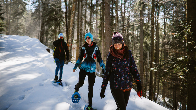 Smiling people snowshoeing through the forest.