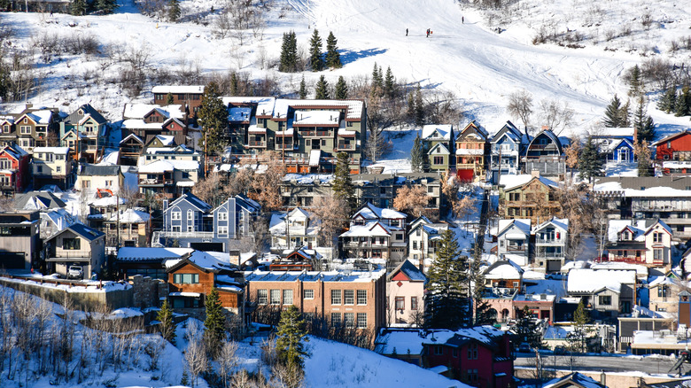 Vacation homes crowded on the hillside in the downtown Park City ski area during winter.