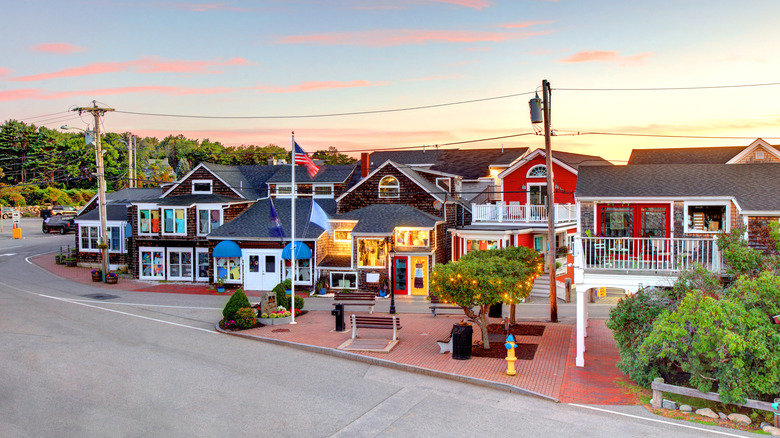 Colorful shops line the street in Ogunquit, Maine