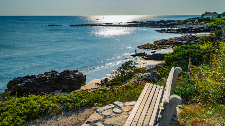 A bench is pictured alongside the ocean on the Marginal Way path in Ogunquit, Maine