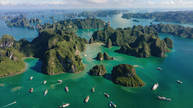 An aerial view of boats in Ha Long Bay, Vietnam