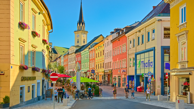 A view of Villach down Hauptzplatz toward the Parish Church of St. Jakob