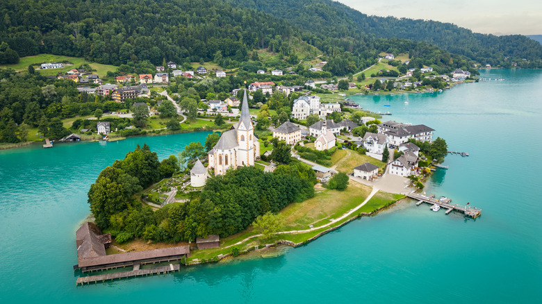 Aerial view of Maria Woerth church at Wörthersee, Carinthia