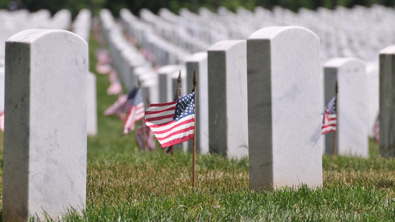 Rows of marble headstones at Arlington National Cemetery