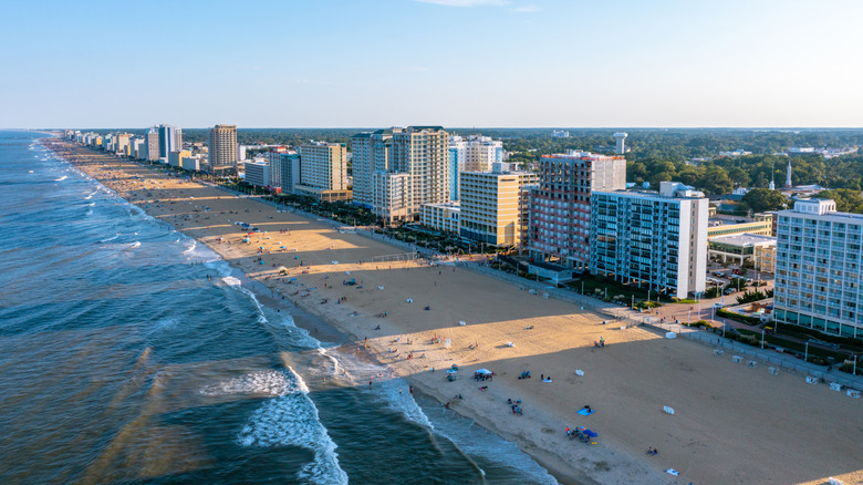 Virginia Beach oceanfront buildings and beach at sunset